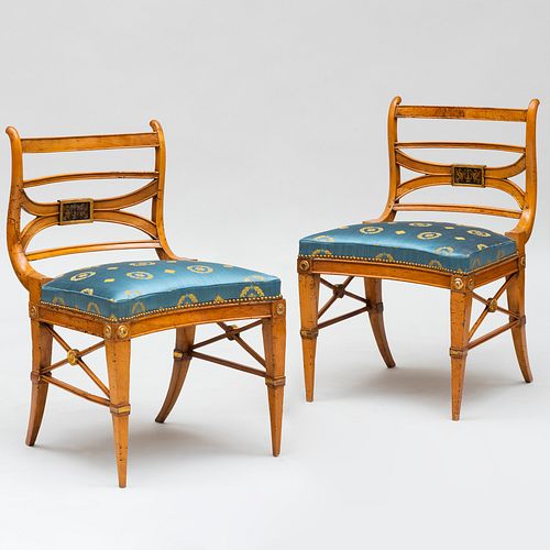 Pair of Italian Neoclassical Fruitwood and Parcel-Gilt Side Chairs, Possibly After a Design by Lorenzo Nottolini