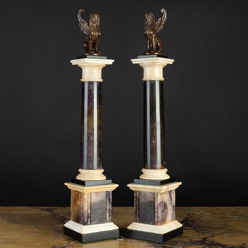 Pair of Patinated Bronze-Mounted Blue John and Marble Columns