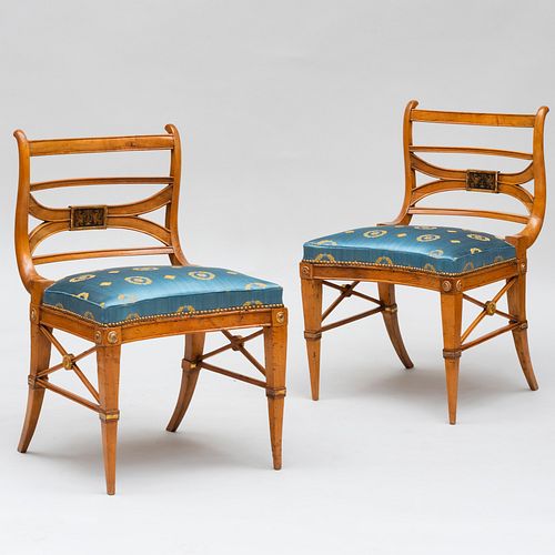 Pair of Italian Neoclassical Fruitwood and Parcel-Gilt Side Chairs, Possibly After a Design by Lorenzo Nottolini
