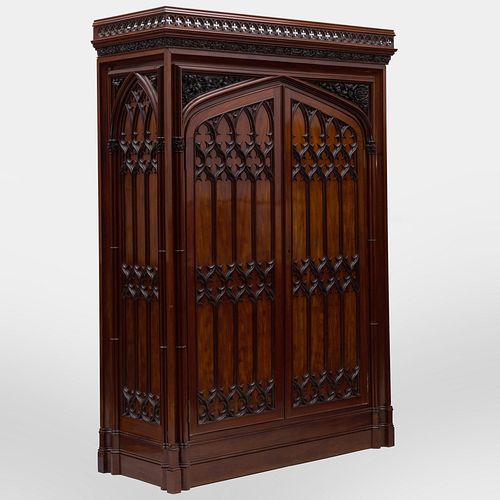 Fine English Neo-Gothic Carved Mahogany Armoire
