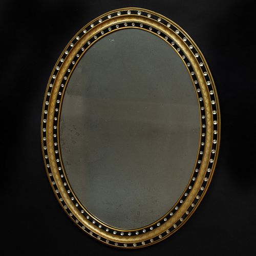 Large Irish Giltwood, Ebonized and Beaded Glass Oval Mirror