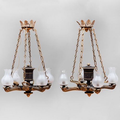 Pair of William IV Style Gilt and Patinated-Bronze Four Light Chandeliers