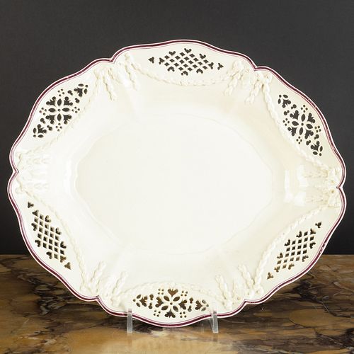 English Oval Pierced Basket with Puce Rim