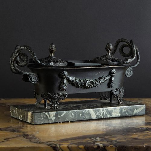 Italian Black Painted Bronze and Marble Inkstand