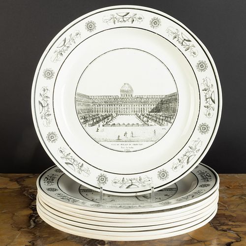 Group of Eight Stone, Coquerel et Le Gros Transfer Printed Creamware Dinner Plates Depicting Architecture