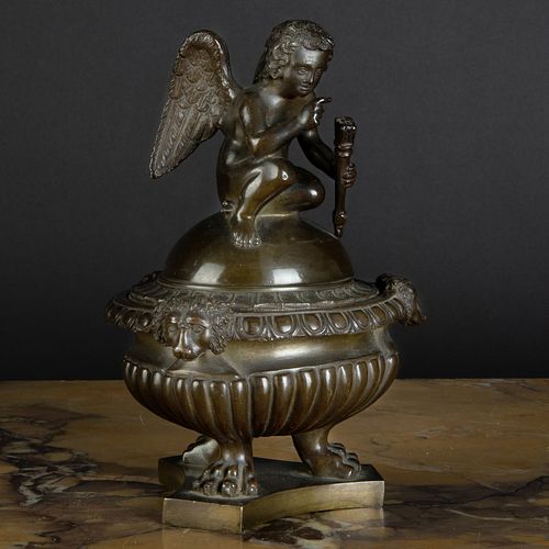 Continental Bronze Inkwell and Cover with Cupid Finial