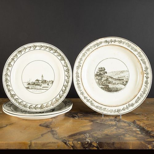 Group of Four Stone, Coquerel et Le Gros Transfer Printed Creamware Plates with Neoclassical Themes
