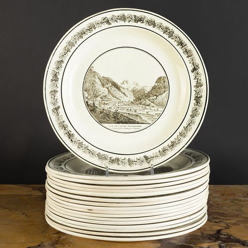 Set of Seventeen Stone, Coquerel et Le Gros Transfer Printed Creamware Plates with Landscapes and Architecture Scenes
