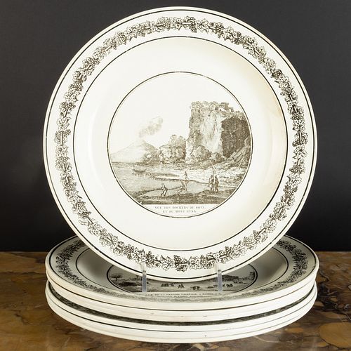 Group of Seven Stone, Coquerel et Le Gros Transfer Printed Creamware Plates Depicting Gardens and Architecture