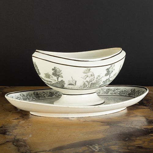 Stone, Coquerel et Le Gros Transfer Printed Creamware Sauce Tureen and a Square Dish