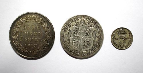 An 1813 three shilling bank token of VF or better together with an Edward VII halfcrown, 1906 and a