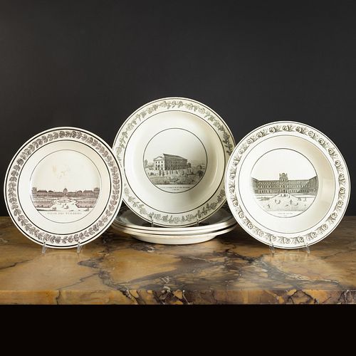Group of Five Stone, Coquerel et Le Gros Transfer Printed Creamware Dishes with Neoclassical Themes