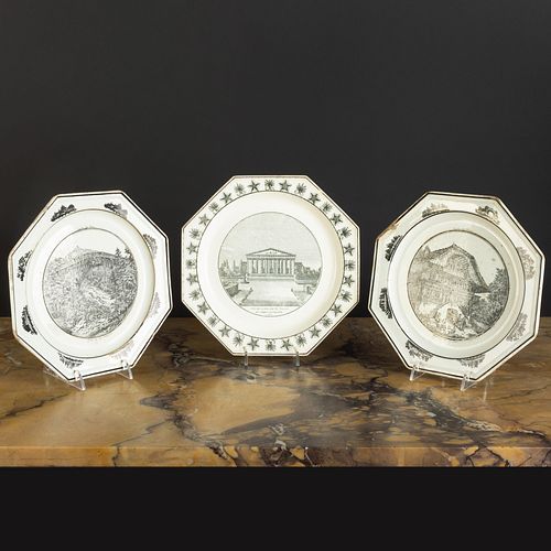 Pair of Luxembourg Transfer Printed Creamware Octagonal Topographical Plates and a Stone, Coquerel et Le Gros Transfer Printed Creamware Octagonal Arc