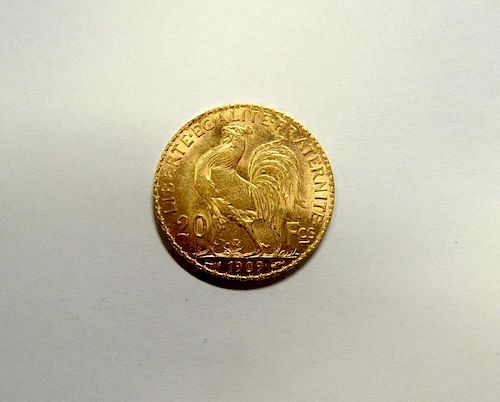France - gold 20 francs coin, 1909, good/EF, scarce 6.6gm