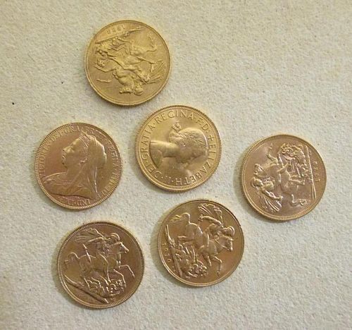 Six gold sovereigns, 1883 (Melbourne mint) F or better; 1892 VF; 1900 near VF; 1910 near VF; 1929 ne