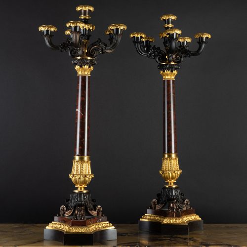 Pair of Late Charles X Ormolu, Patinated-Bronze and Marble Six Light Candelabra