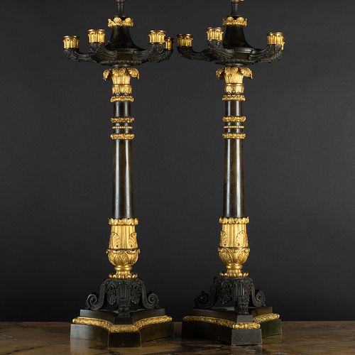 Pair of Empire Ormolu and Patinated-Bronze Six Light Candelabra