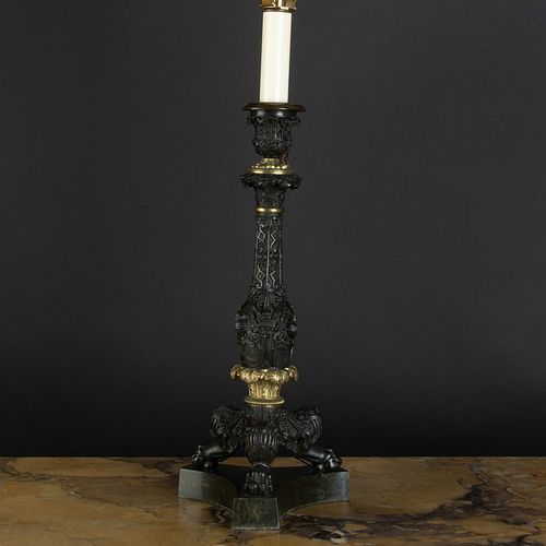 Louis Philippe Ormolu-Mounted and Patinated-Bronze Candlestick Lamp, in the Neo-Gothic Taste