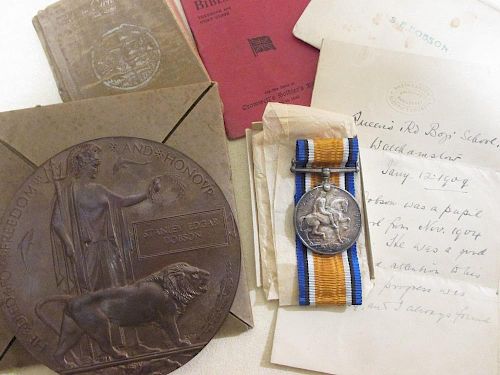 1914-18 medal, Victory medal and Memorial plaque awarded to 5839 Pte Stanley Edgar Dobson, 13 London