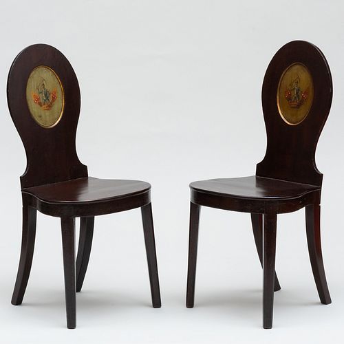 Pair of English Mahogany and Painted Hall Chairs