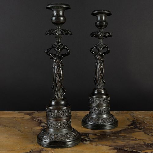 Pair of Bronze and Metal Figural Candlesticks, Possibly Italian