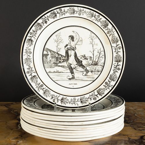 Set of Eleven Choisy le Roi Transfer Printed Creamware Plates Depicting the Months of the Year