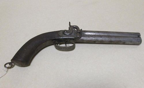 A percussion double barrel pistol, the barrel signed A Karabegof, London, ramrod and lugs missing, 3