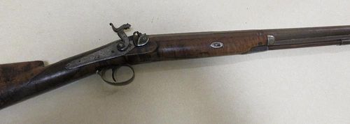 Pinches - a percussion hunting musket, with damascus barrel and burr wood stock