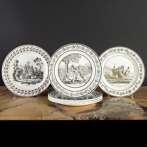 Group of Six French Transfer Printed Creamware Plates of Neoclassical Themes