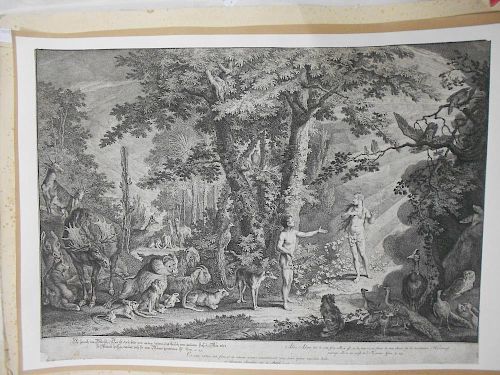 A folder of 18th century prints and engravings, to include Johann Elias Ridinger (German, 1698-1767)
