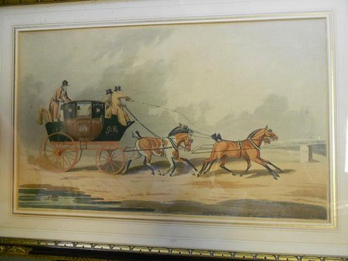 Robert Dighton, Two fashionable ladies carriage driving by Tattersal's, coloured mezzotint, 35 x 27c