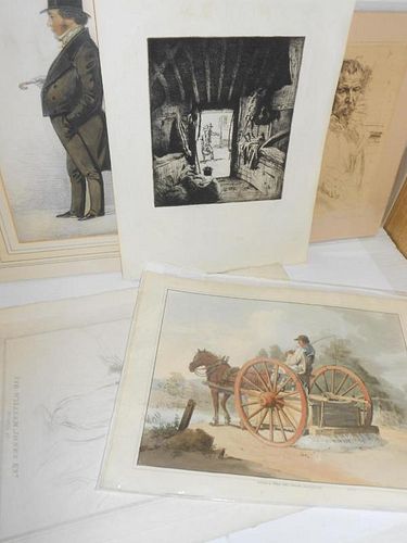 Six unframed prints and watercolours E. Herbert Whydale, View from a barn door, two figures returnin
