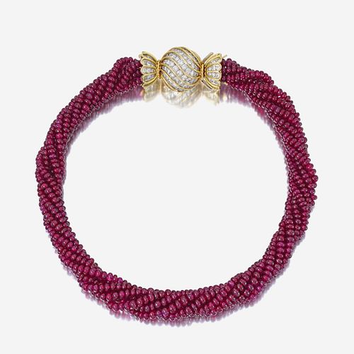 A ruby bead, diamond, and eighteen karat gold necklace, Bulgari