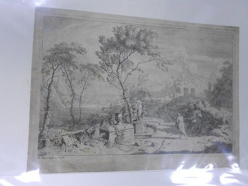 A folder of prints and engravings, including: Albert Meyeringh, classical landscape with figures nea