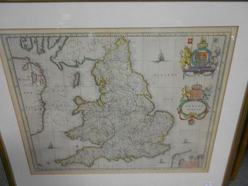 [J & W Blaeu], Anglia Regnum, engraved map of England and Wales, armorial title cartouche and royal