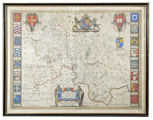 Johannes Blaeu, Oxonium Comitatus Vulgo Oxfordshire, engraved map with hand colouring c.1650, toned,