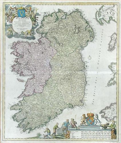 J. B. Homann, Hiberniae Regnum, 18th century hand coloured engraved map of Ireland, 58 x 49cm (23 x