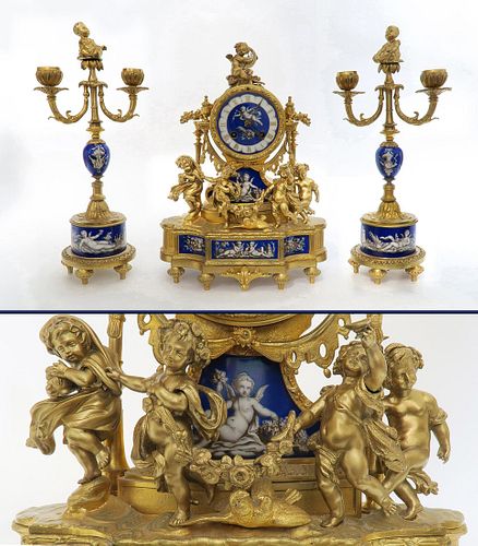 19th C. French Bronze & Enamel Figural Clock Set