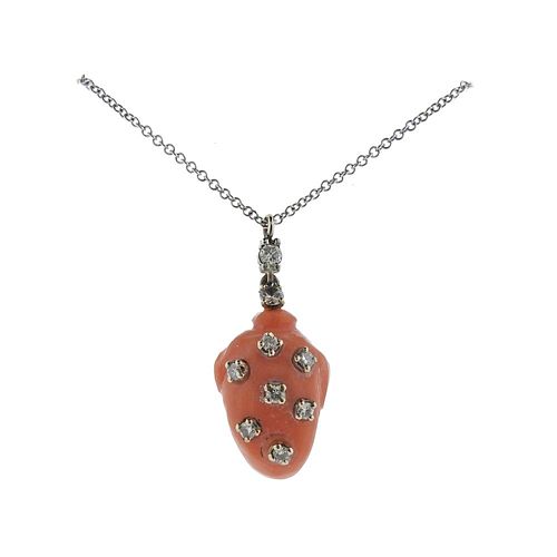 14k Gold Diamond Coral Pendant Necklace