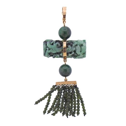 14k Gold Carved Green Jade Necklace Pendant 