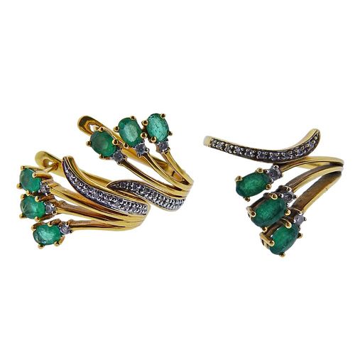14k Gold Diamond Emerald Earrings Ring Set 