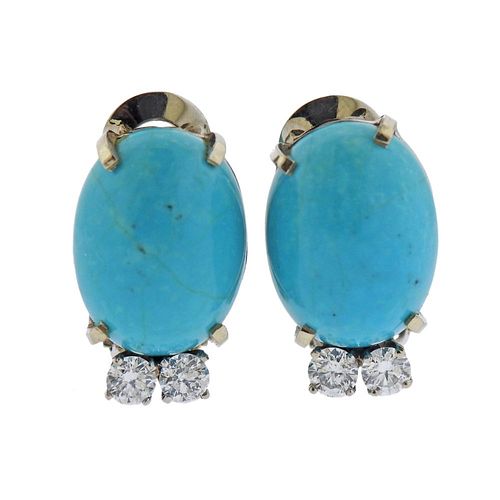 14k Gold Diamond Turquoise Earrings