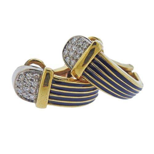 18k Gold Enamel Diamond Half Hoop Earrings 
