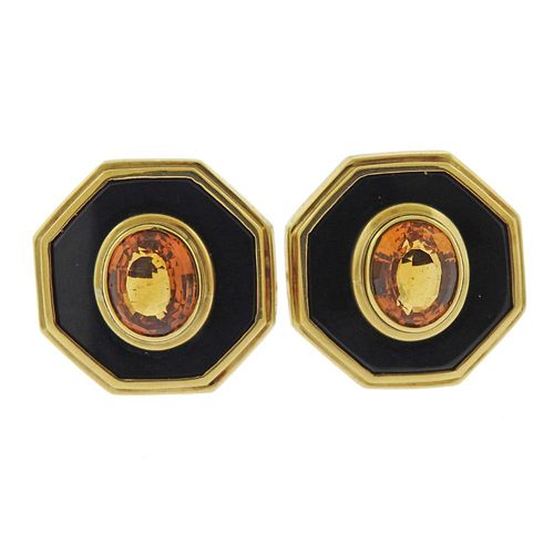 Vintage 18k Gold Onyx Citrine Earrings