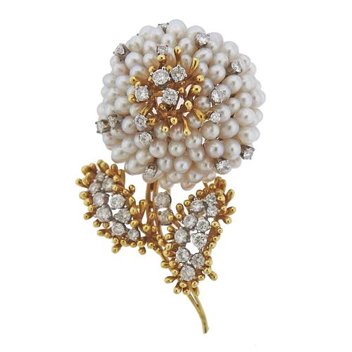 Kurt Wayne 18k Gold Diamond Pearl Flower Brooch 