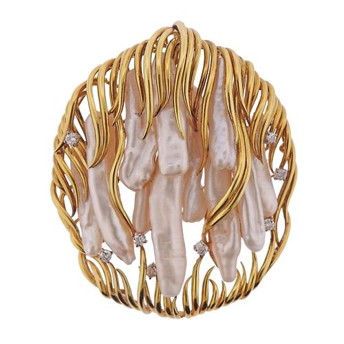 Vintage 14k Gold Diamond Pearl Pendant 