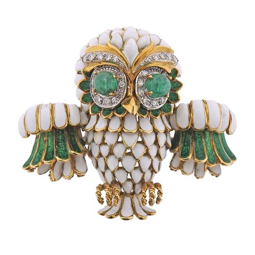Frascarolo 18k Gold Diamond Enamel Emerald Owl Brooch
