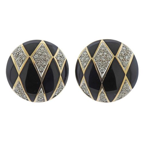 14k Gold Diamond Black Enamel Earrings