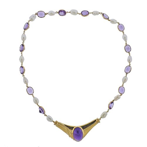 14k Gold Pearl Amethyst Pendant Necklace