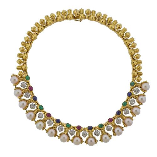 18k Gold Diamond Pearl Emerald Ruby Sapphire Necklace